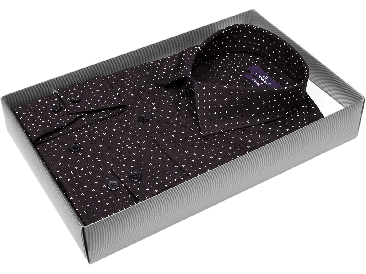 Удобная мужская рубашка Poggino 7013-14 рукав длинный силуэт приталенный стиль casual цвет черный в геометрических фигурах 100% хлопок