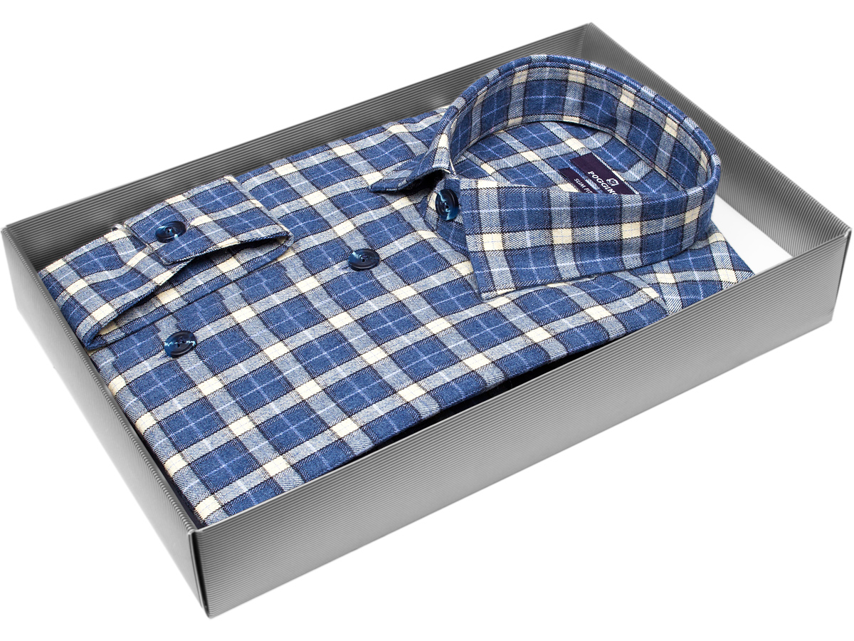 Байковая синяя приталенная мужская рубашка Poggino 7014-47 в клетку с длинными рукавами купить в Москве недорого