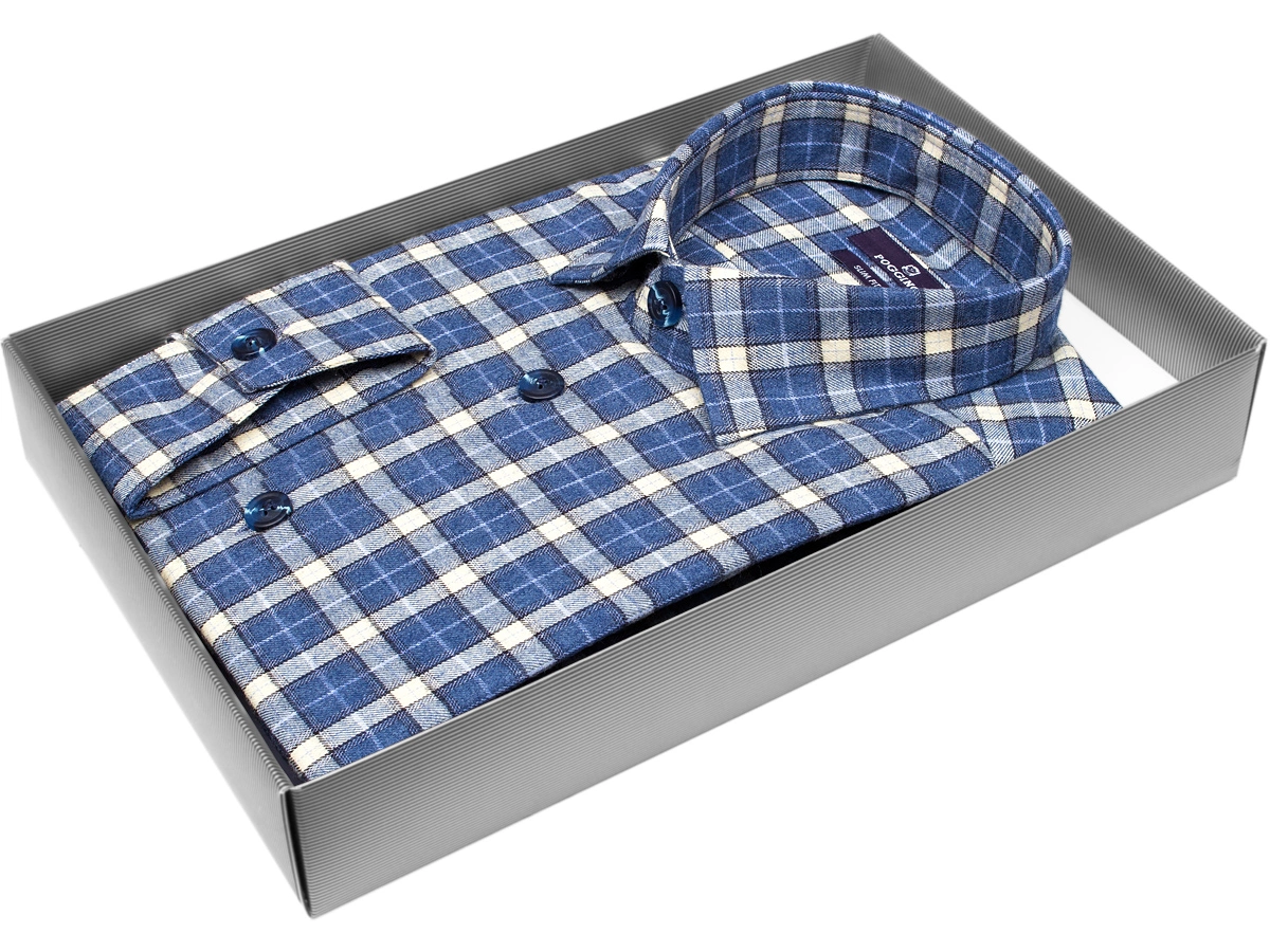 Удобная мужская рубашка Poggino 7014-47 рукав длинный силуэт приталенный стиль casual цвет синий в клетку 100% хлопок