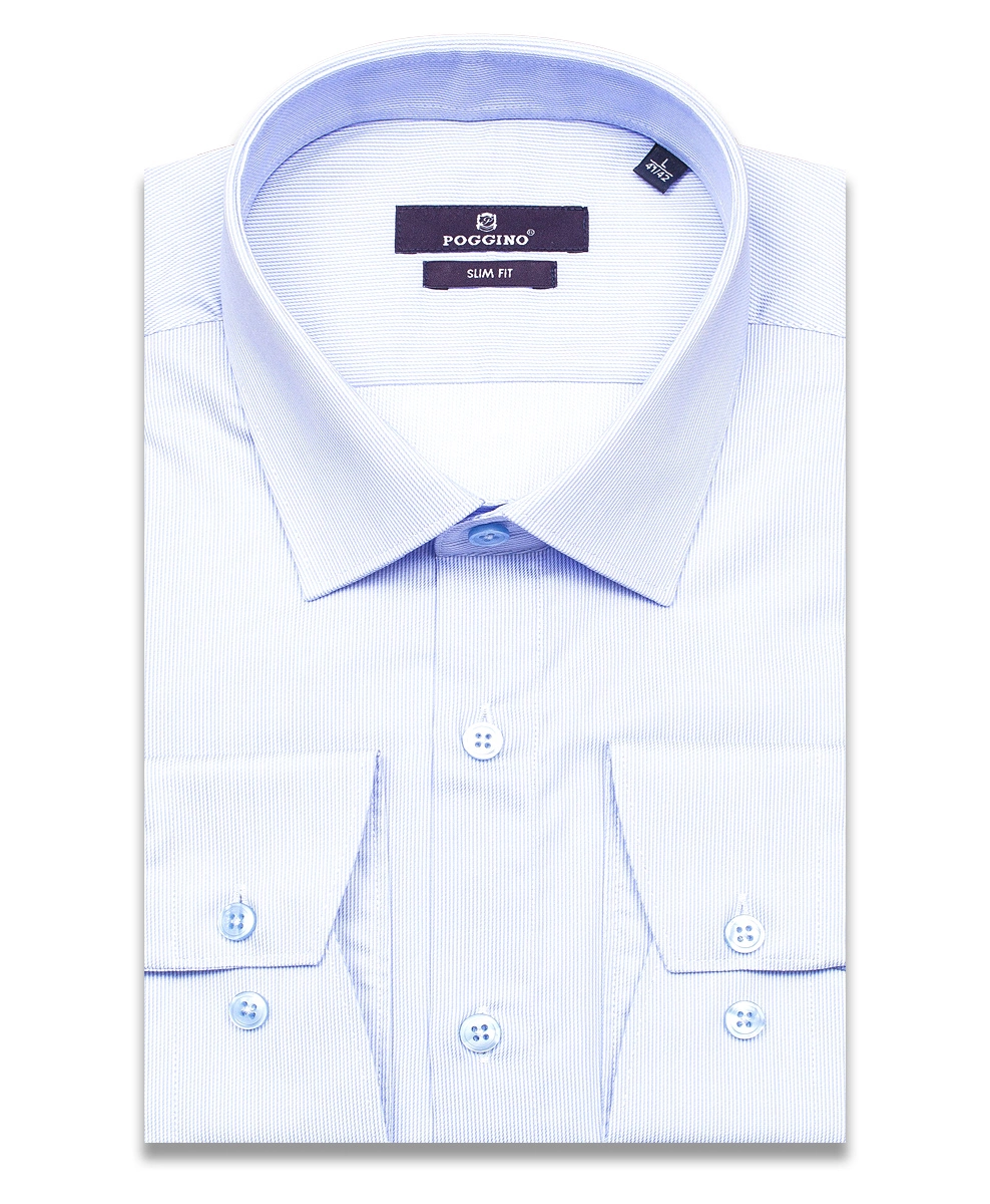 Голубая приталенная мужская рубашка Poggino 7013-99 в полоску с длинными рукавами