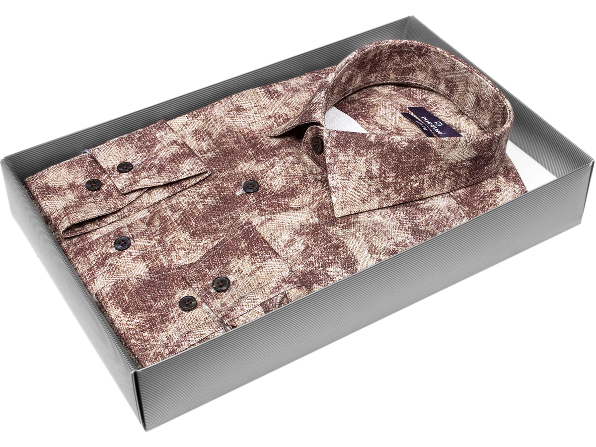 Яркая мужская рубашка Poggino 7014-06 рукав длинный силуэт приталенный стиль casual цвет коричневый в абстракции 100% хлопок