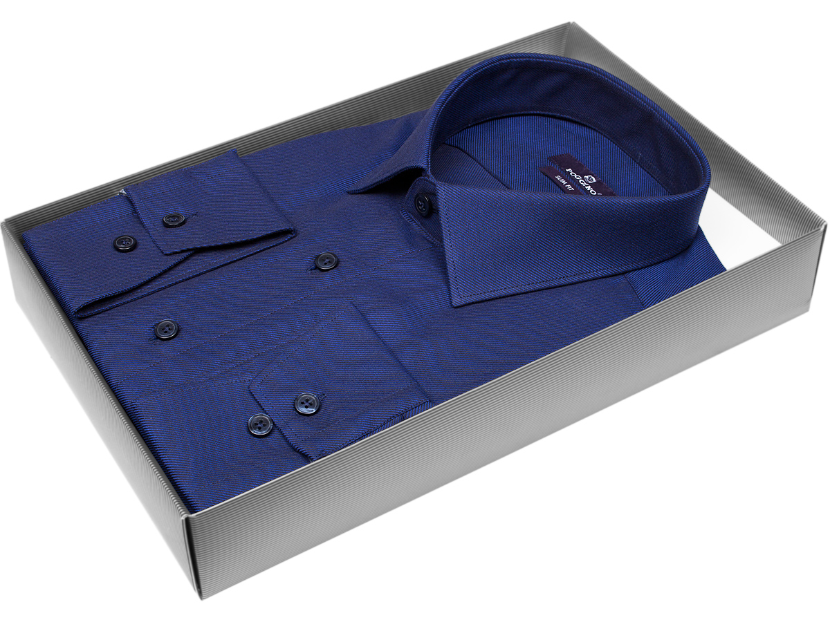 Темно-синяя приталенная мужская рубашка Poggino 7013-75 с длинными рукавами купить в Москве недорого