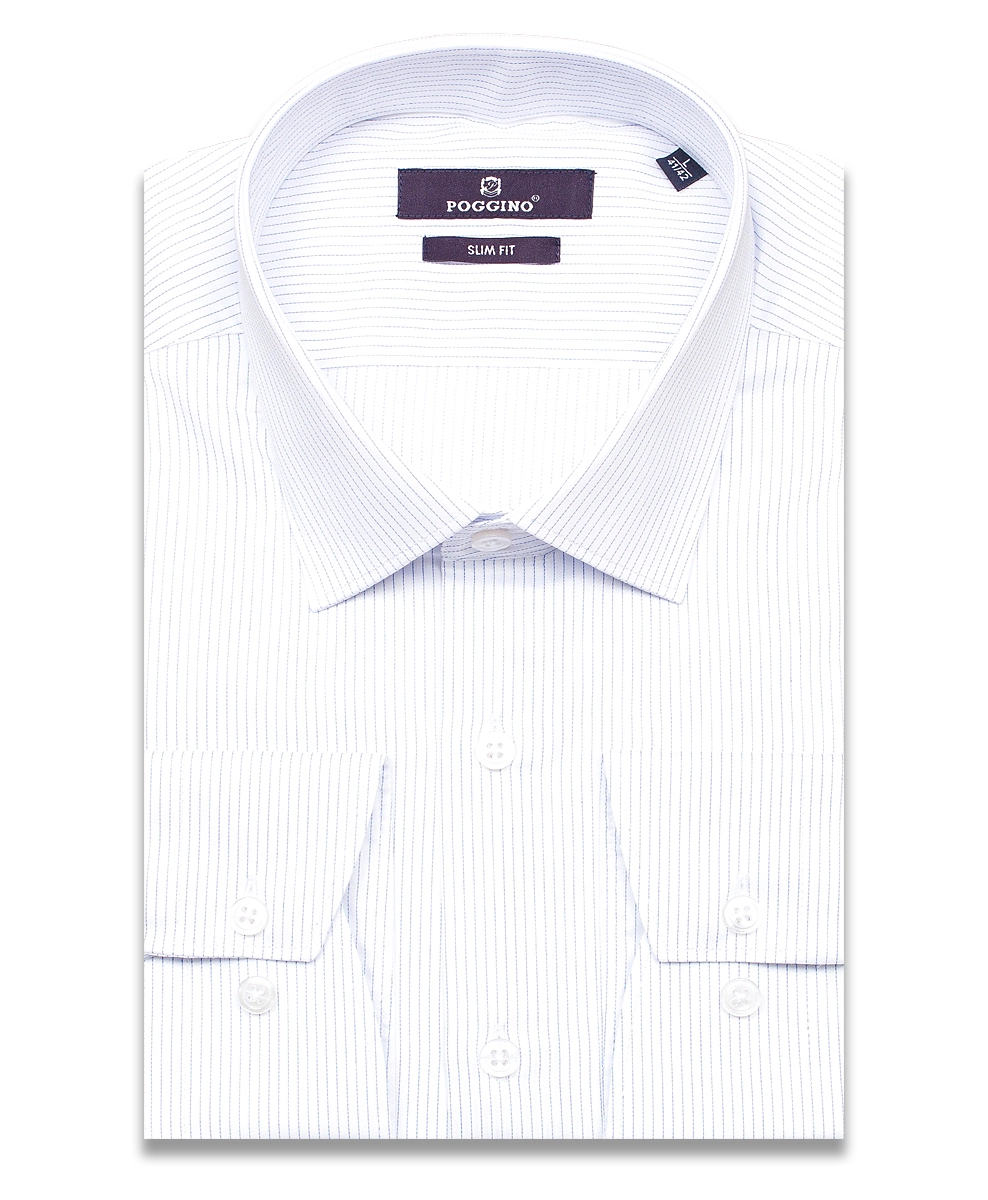 Белая приталенная мужская рубашка Poggino 7013-81 в полоску с длинными рукавами