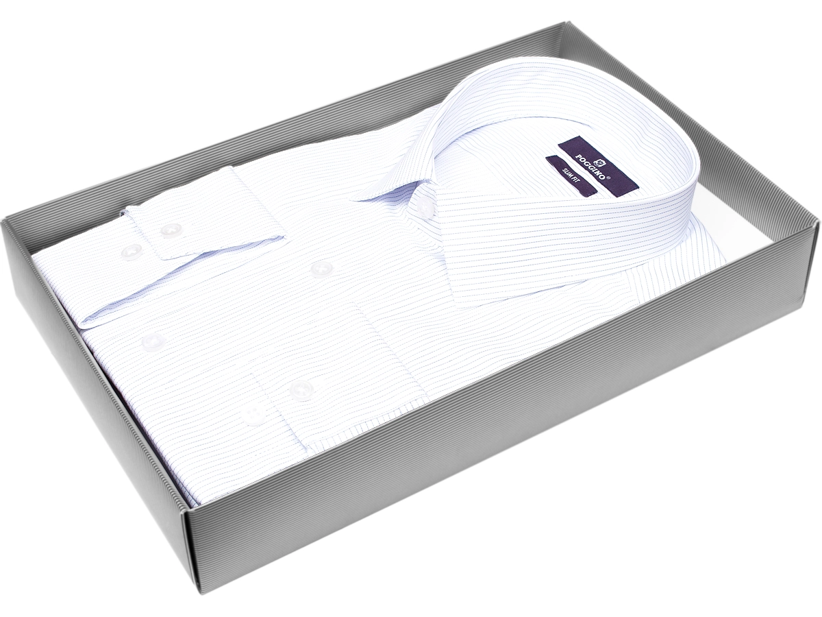 Белая приталенная мужская рубашка Poggino 7013-81 в полоску с длинными рукавами купить в Москве недорого