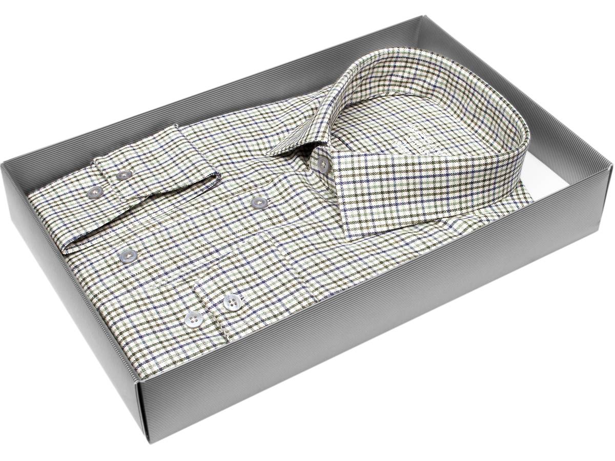 Теплая мужская рубашка Alessandro Milano Limited Edition 3210-07 рукав длинный силуэт приталенный стиль casual цвет бежевый в клетку 100% хлопок