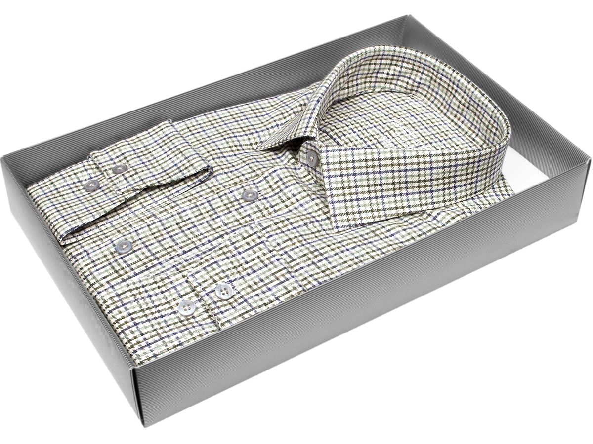 Стильная мужская рубашка Alessandro Milano Limited Edition 3210-07 рукав длинный силуэт приталенный стиль casual цвет бежевый в клетку 100% хлопок