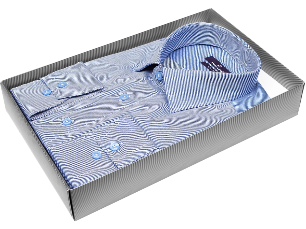 Стильная мужская рубашка Poggino 7013-77 рукав длинный силуэт приталенный стиль классический цвет синий в полоску 100% хлопок