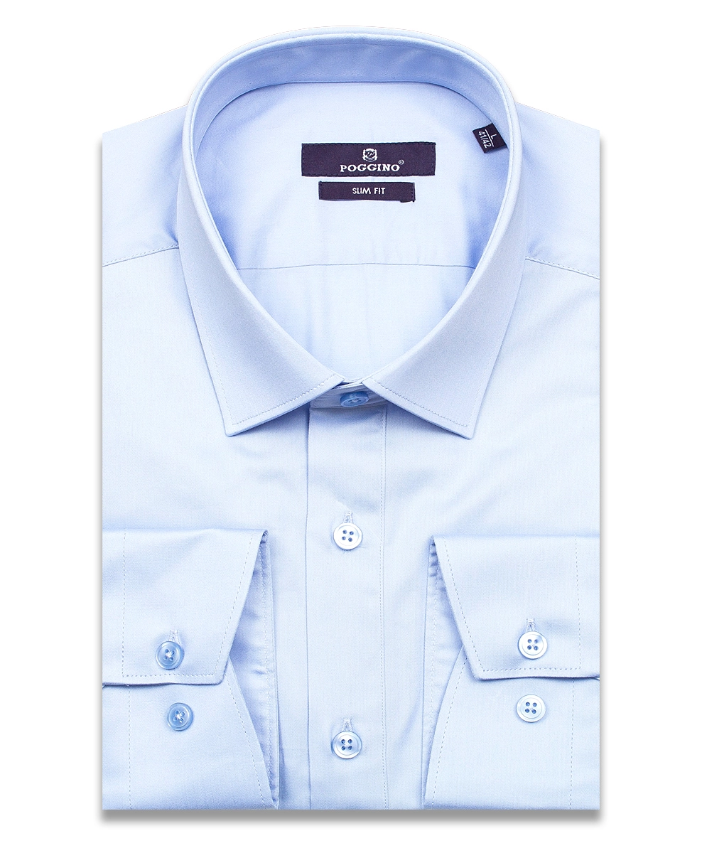 Голубая приталенная мужская рубашка Poggino 7015-001 с длинными рукавами