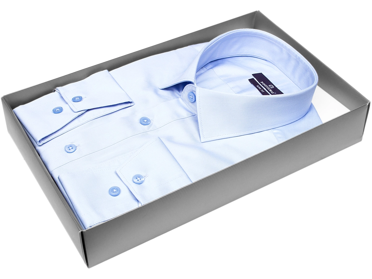 Модная молодежная рубашка Poggino 7015-001 рукав длинный силуэт приталенный стиль классический цвет голубой однотонный 100% хлопок