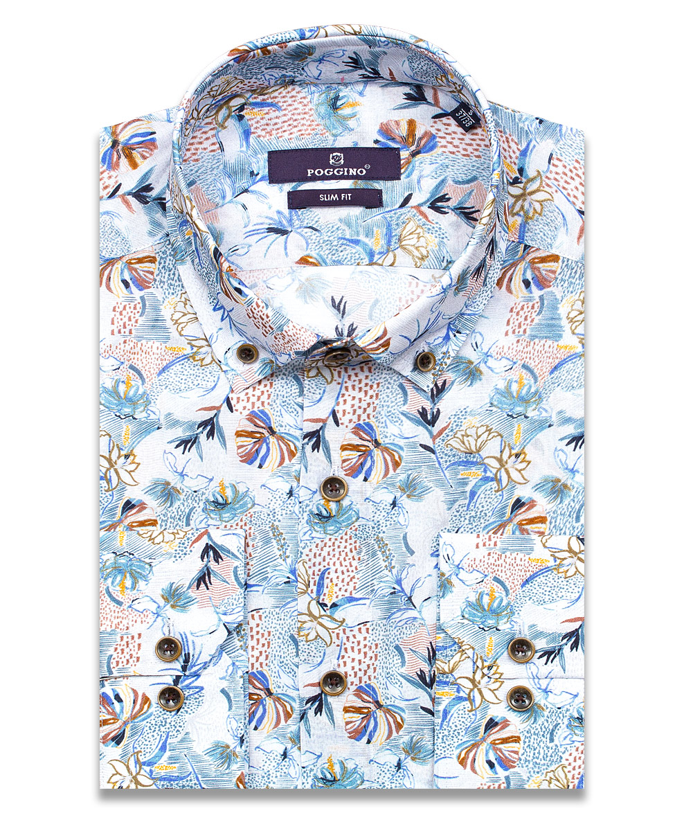 Разноцветная приталенная мужская рубашка Poggino 7015-002 в абстракции с длинными рукавами
