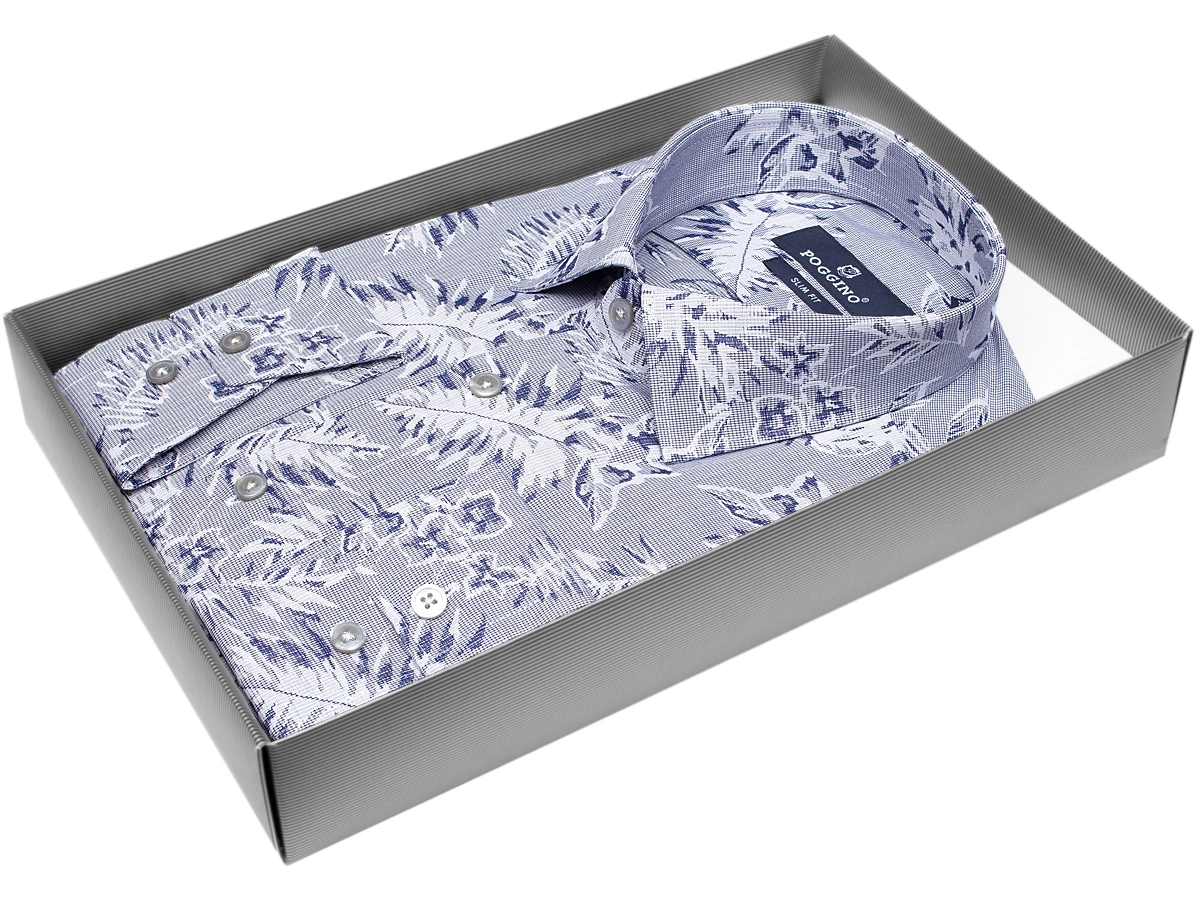 Модная молодежная рубашка Poggino 5010-35 рукав длинный силуэт приталенный стиль casual цвет синий в листьях 100% хлопок