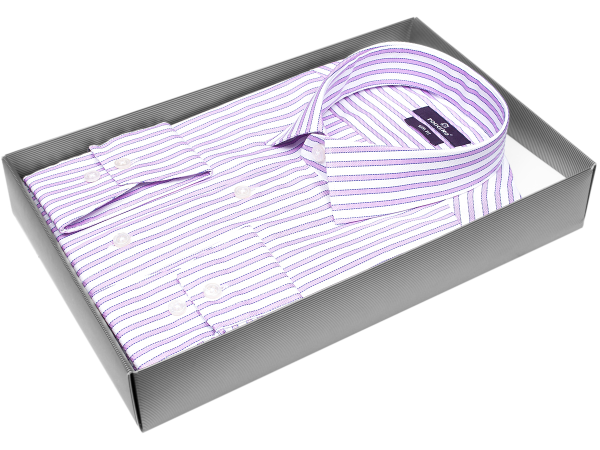 Сиреневая приталенная мужская рубашка Poggino 7014-28 в полоску с длинными рукавами