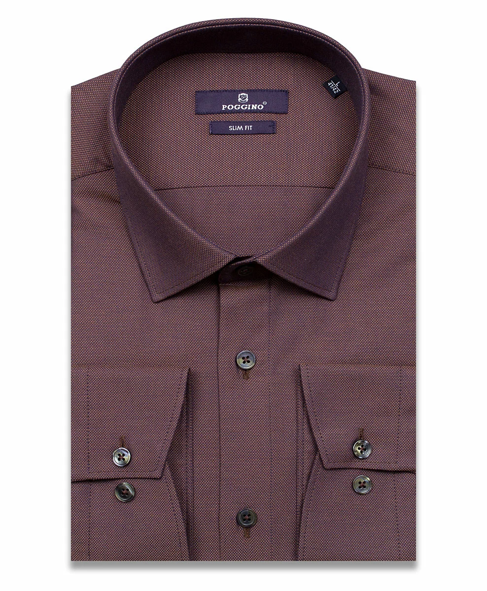 Коричневая приталенная мужская рубашка Poggino 7014-05 с длинными рукавами