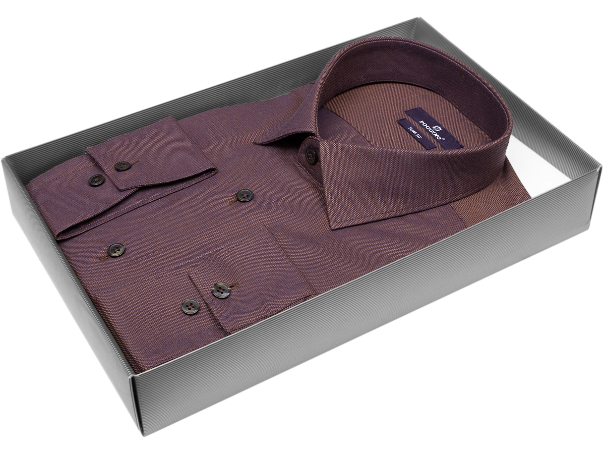 Коричневая приталенная мужская рубашка Poggino 7014-05 с длинными рукавами купить в Москве недорого
