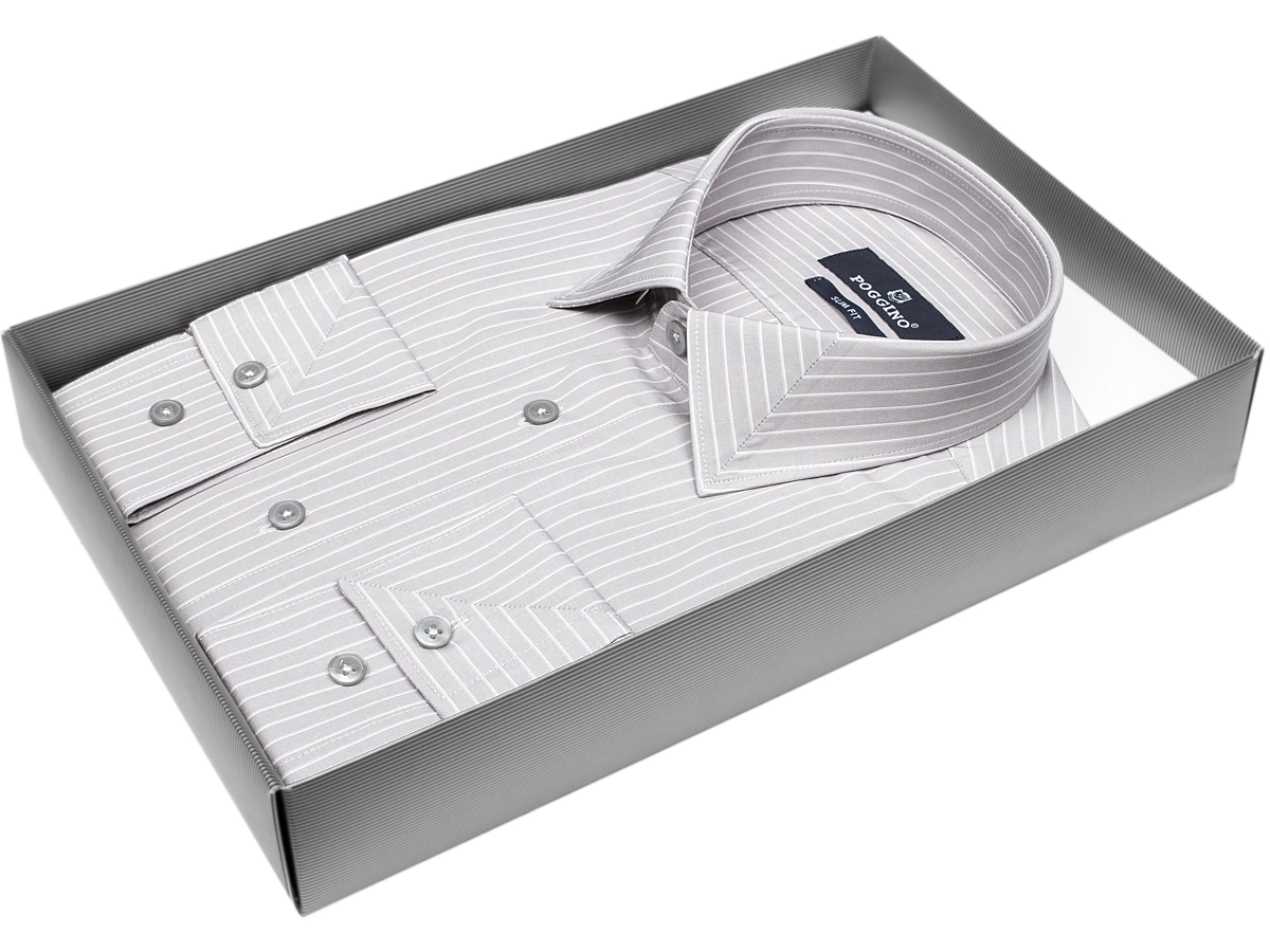 Стильная мужская рубашка Poggino 5009-69 рукав длинный силуэт приталенный стиль классический цвет серый в полоску 100% хлопок