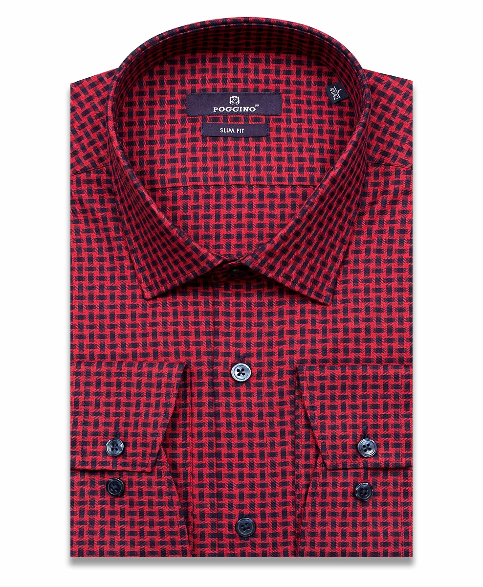 Бордовая приталенная мужская рубашка Poggino 7014-04 в отрезках с длинными рукавами