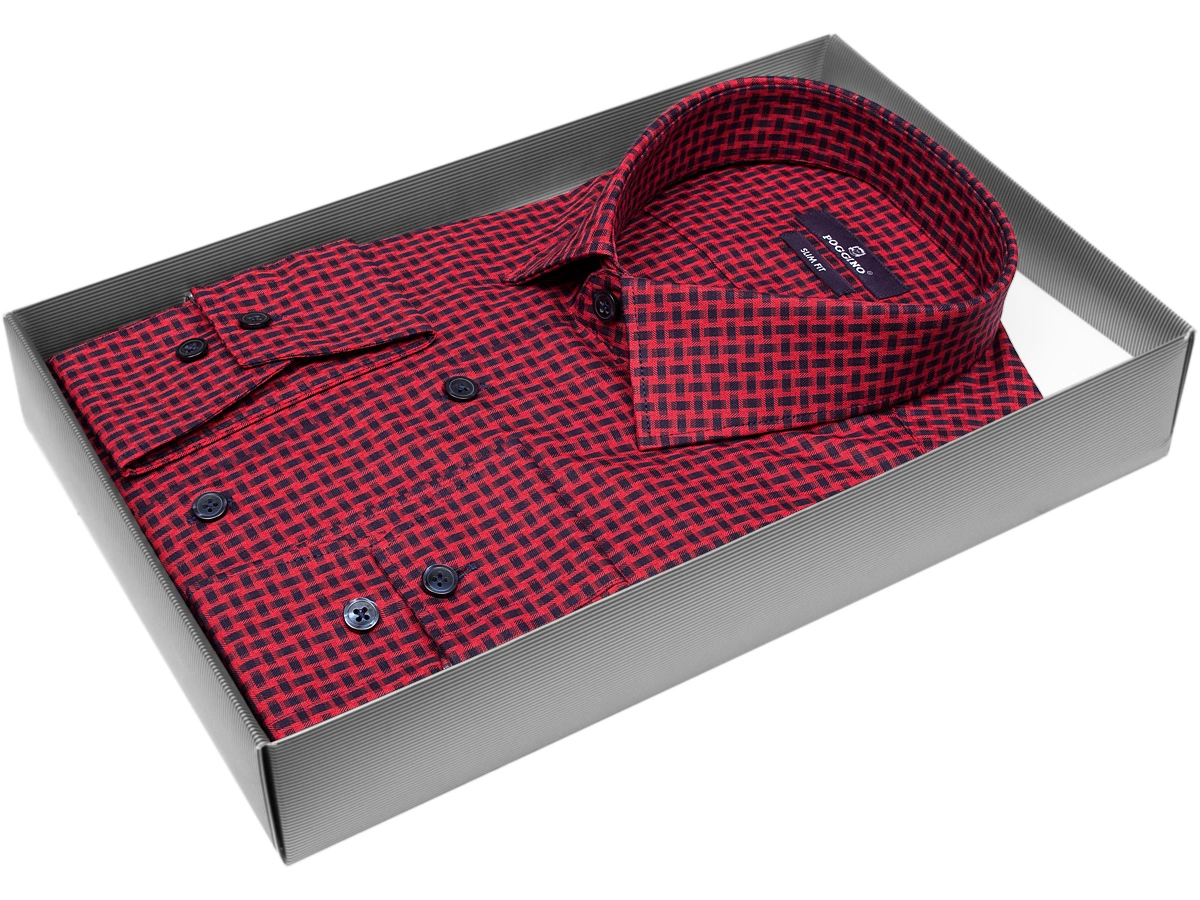 Приталенная мужская рубашка Poggino 7014-04 рукав длинный стиль casual цвет бордовый в отрезках 100% хлопок