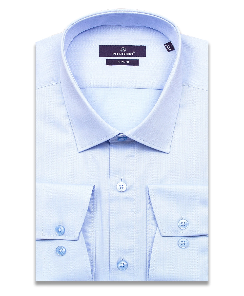 Голубая приталенная мужская рубашка Poggino 7015-59 в полоску с длинными рукавами