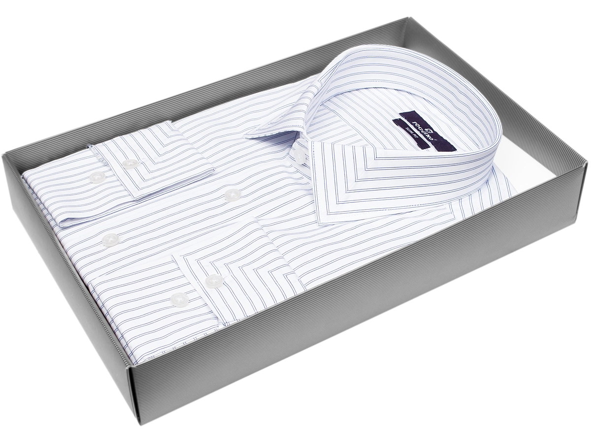 Белая приталенная мужская рубашка Poggino 7013-26 в полоску с длинными рукавами