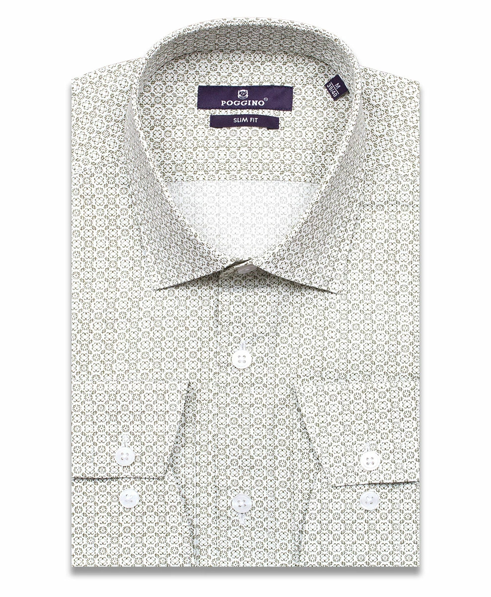 Приталенная мужская рубашка Poggino 7015-04 болотного цвета в узорах с длинными рукавами