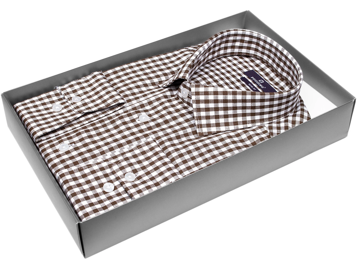 Коричневая приталенная мужская рубашка Poggino 7013-13 в клетку с длинными рукавами купить в Москве недорого