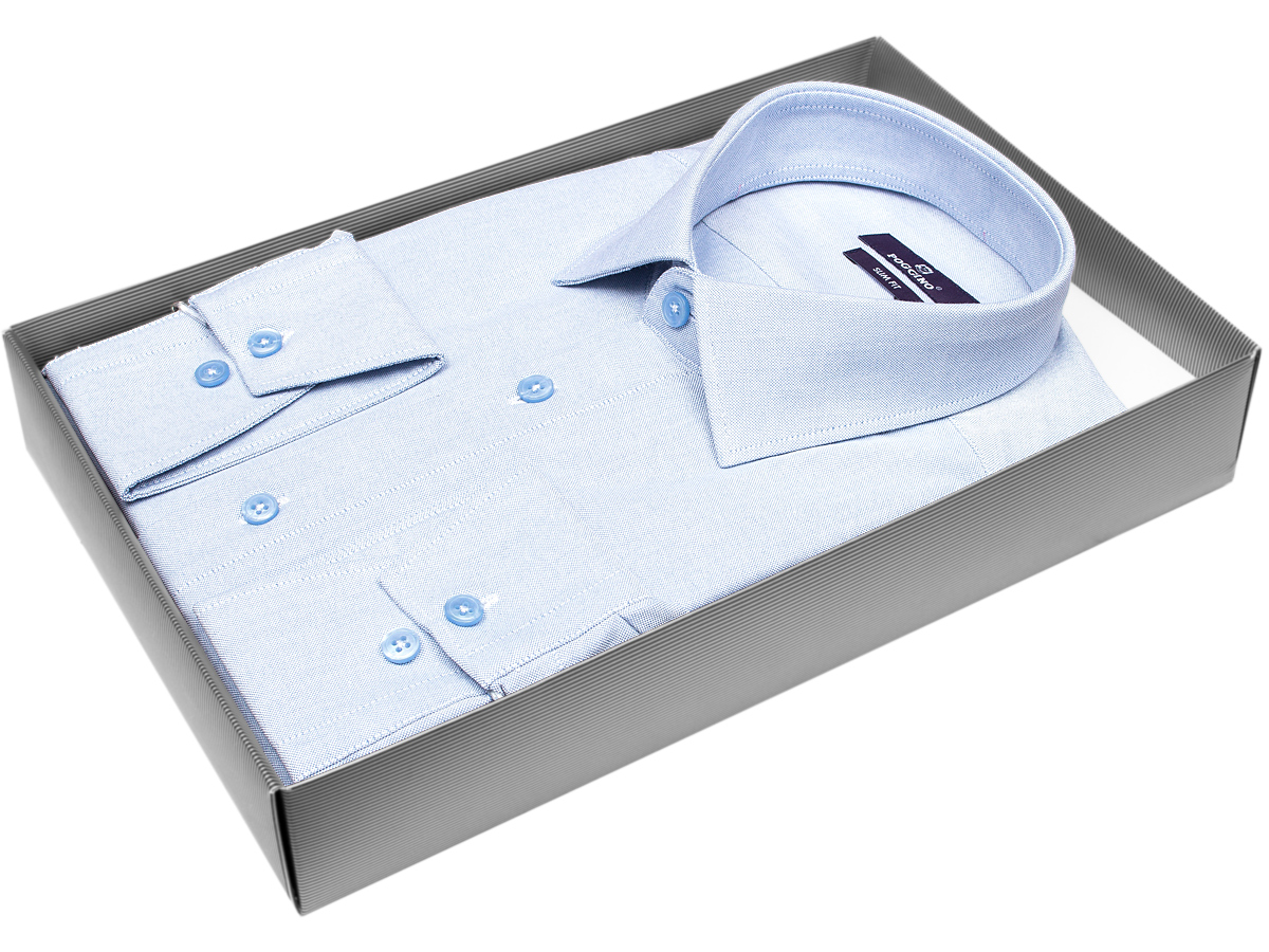 Модная мужская рубашка Poggino 7014-56 силуэт приталенный стиль классический цвет голубой однотонный 100% хлопок