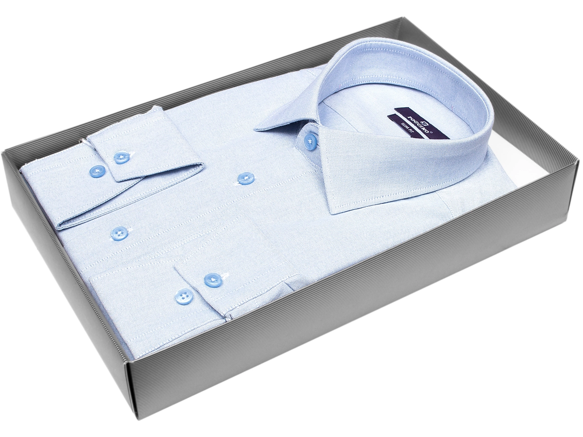 Голубая приталенная мужская рубашка Poggino 7014-56 с длинными рукавами