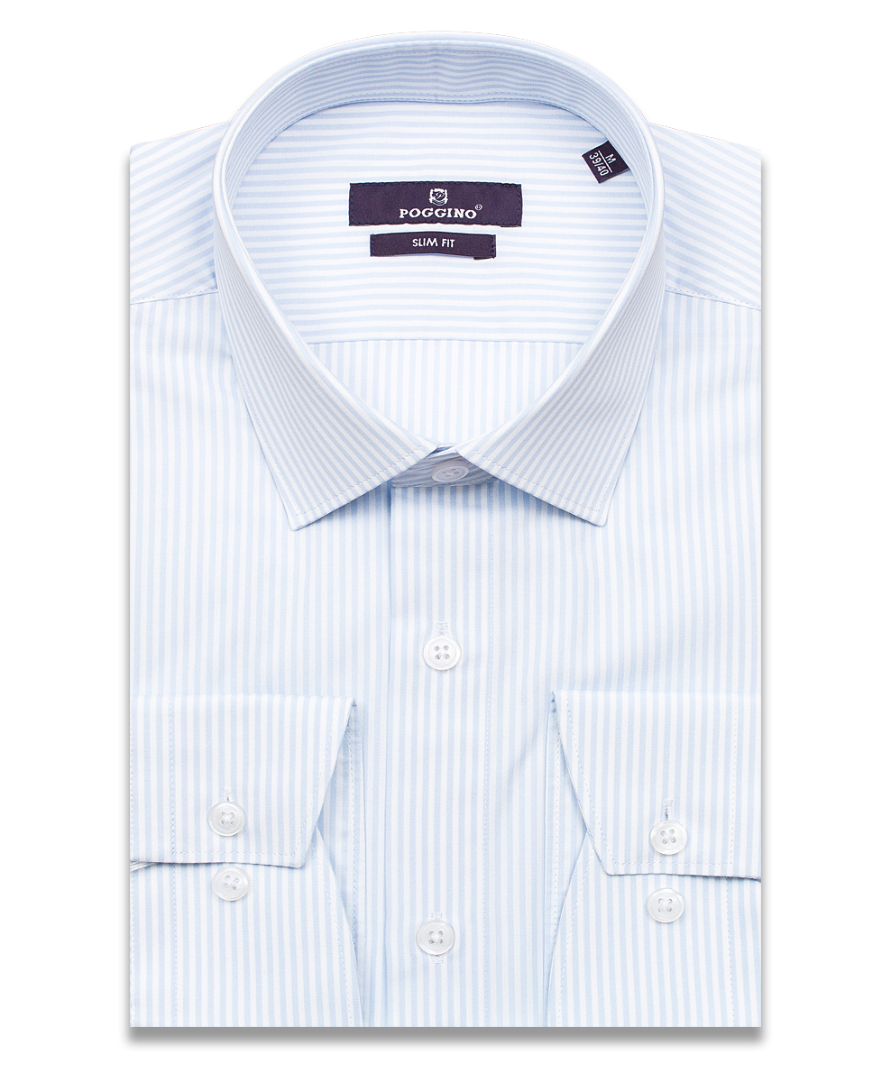 Голубая приталенная мужская рубашка Poggino 7015-29 в полоску с длинными рукавами