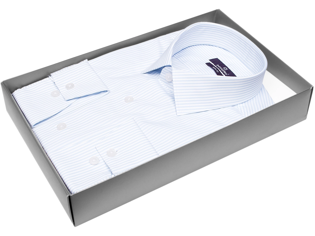 Приталенная мужская рубашка Poggino 7015-29 рукав длинный стиль классический цвет голубой в полоску 100% хлопок