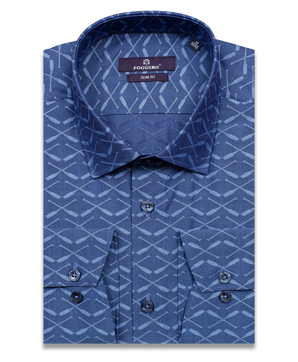 Синяя приталенная мужская рубашка Poggino 7014-42 в узорах с длинным рукавом