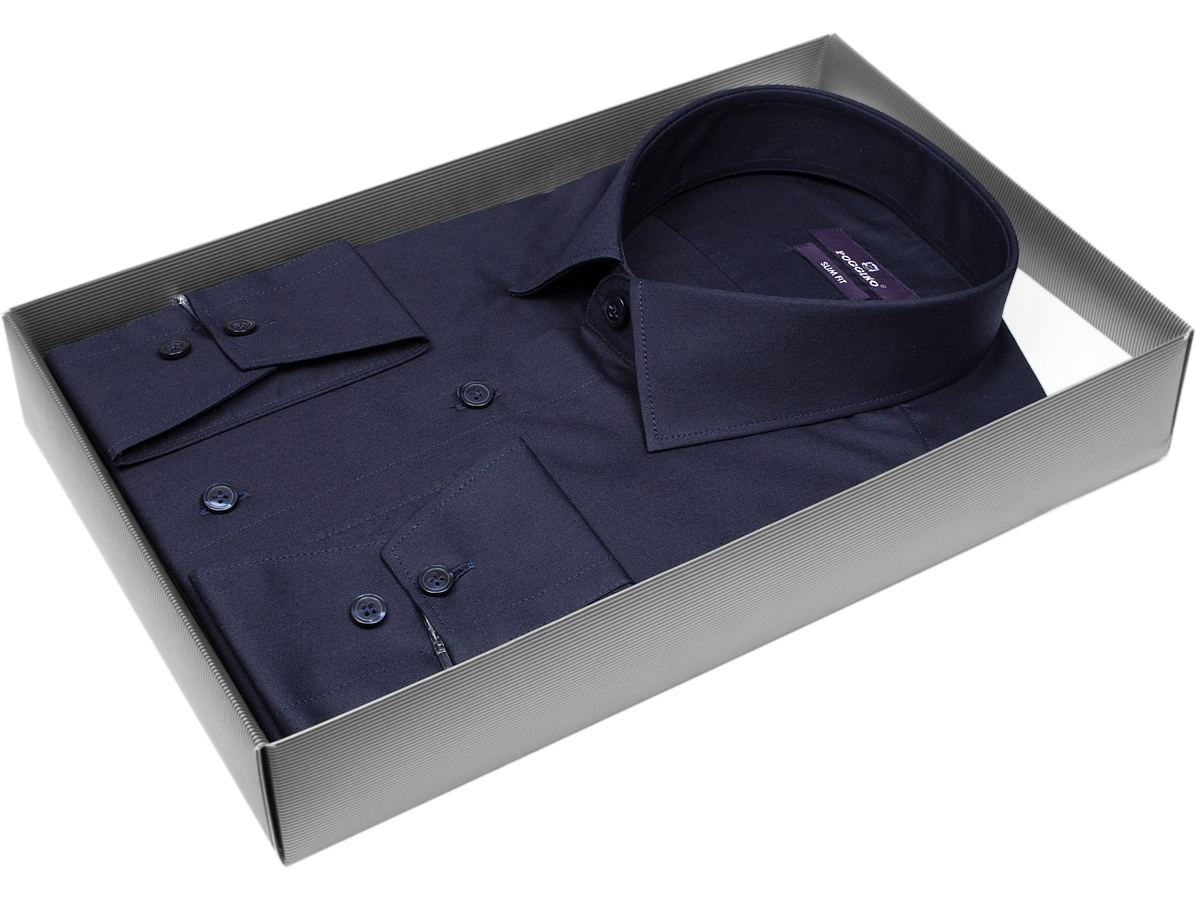 Модная рубашка с длинным рукавом Poggino 7014-29 силуэт приталенный стиль классический цвет темно синий однотонный 100% хлопок