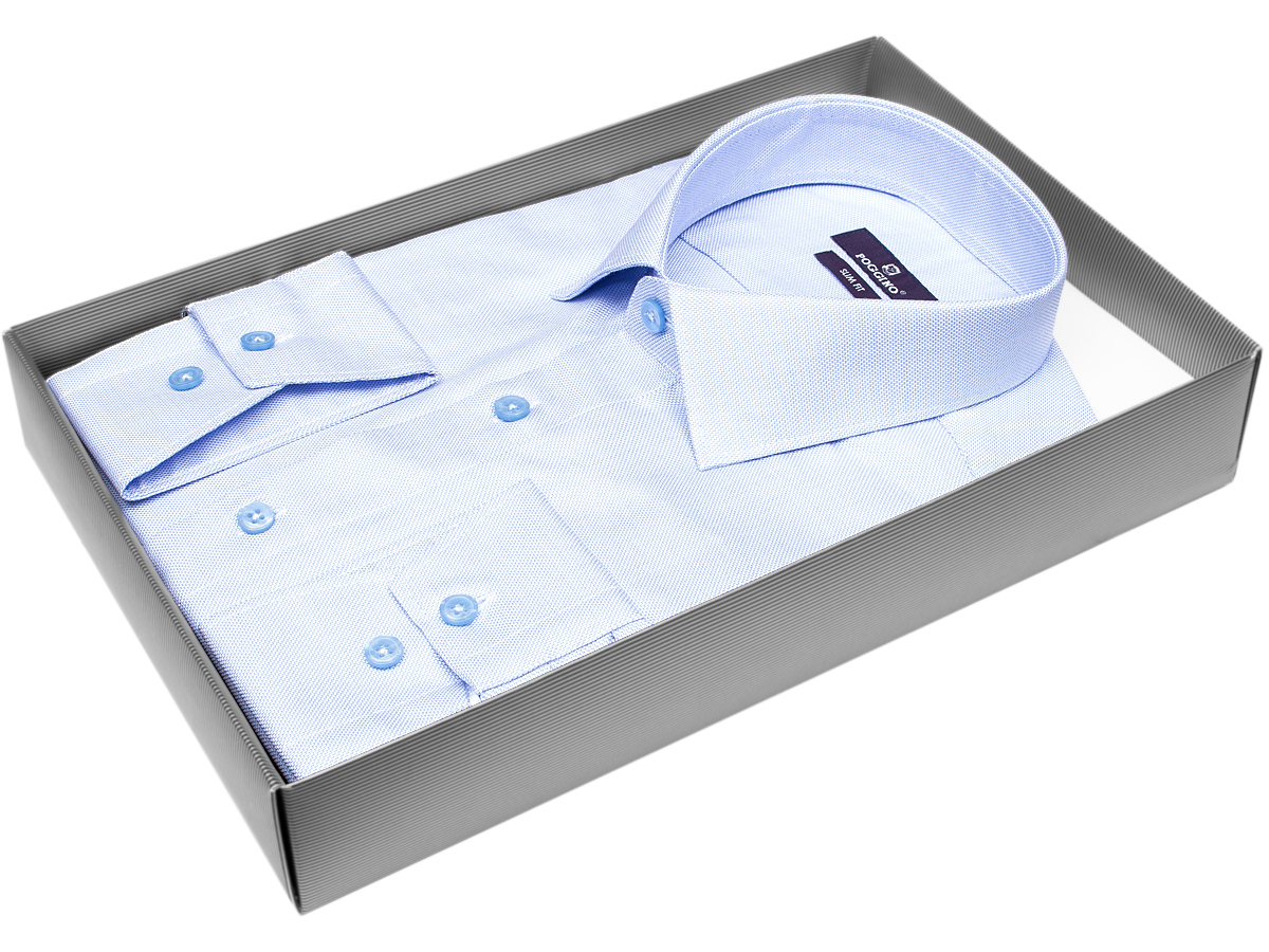 Модная мужская рубашка Poggino 7013-69 силуэт приталенный стиль классический цвет голубой однотонный 100% хлопок