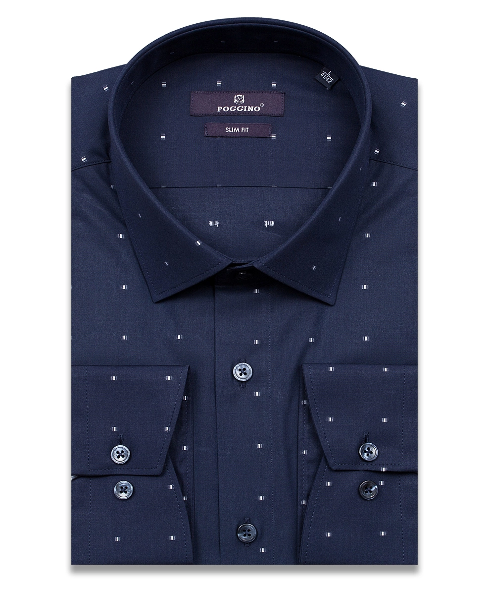 Темно-синяя приталенная мужская рубашка Poggino 7014-01 в узорах с длинными рукавами
