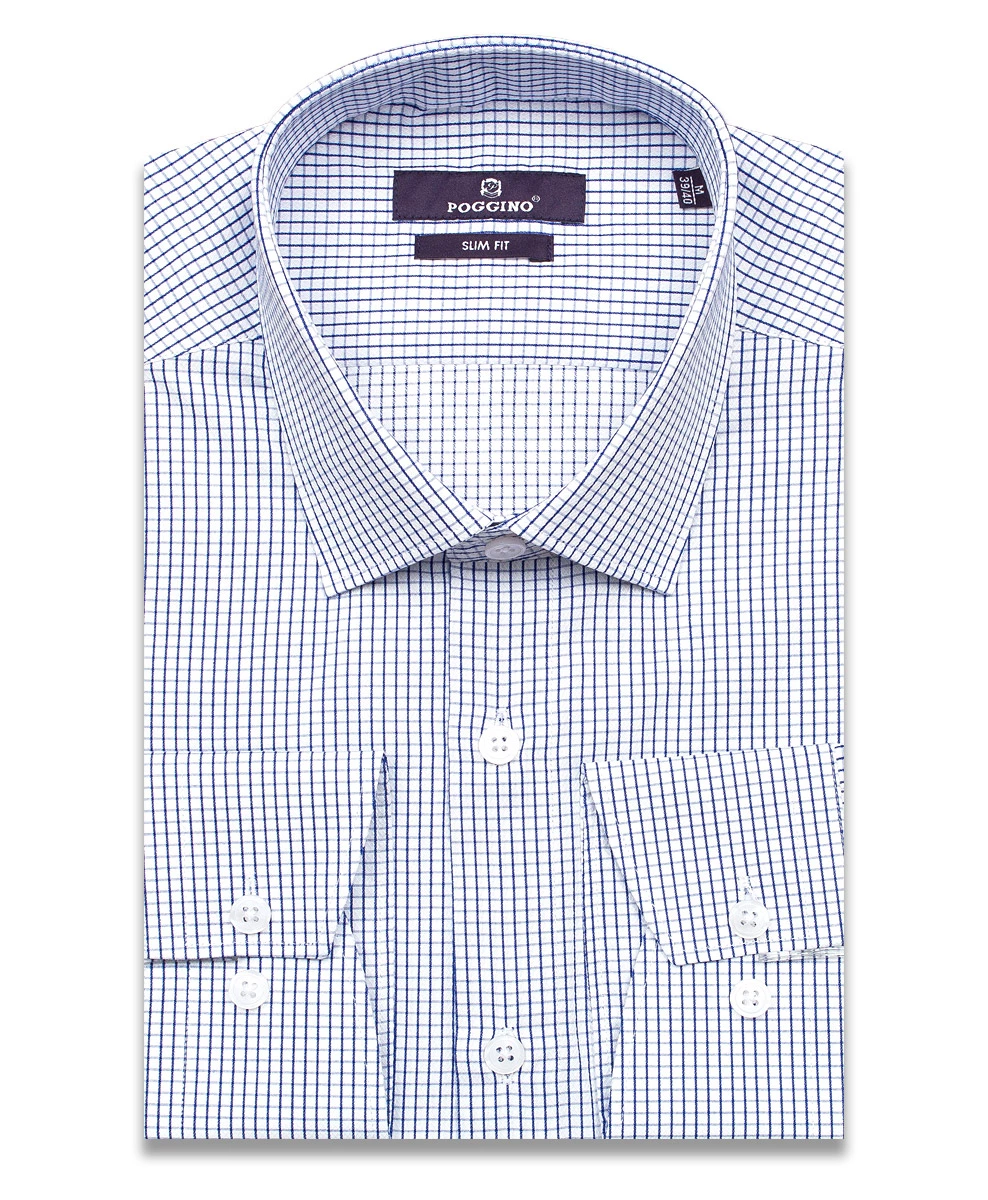 Синяя приталенная мужская рубашка Poggino 7015-60 в клетку с длинными рукавами