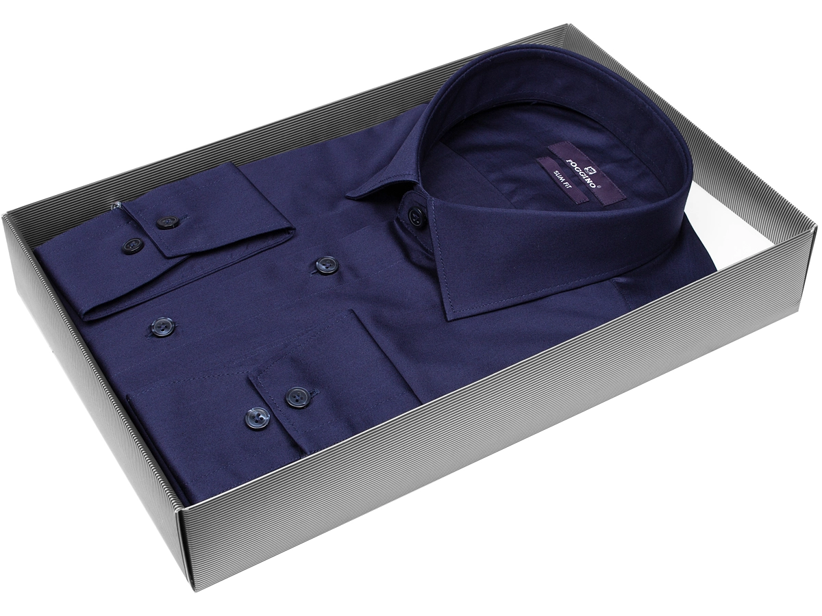 Модная рубашка с длинным рукавом Poggino 7014-54 силуэт приталенный стиль классический цвет темно синий однотонный 100% хлопок