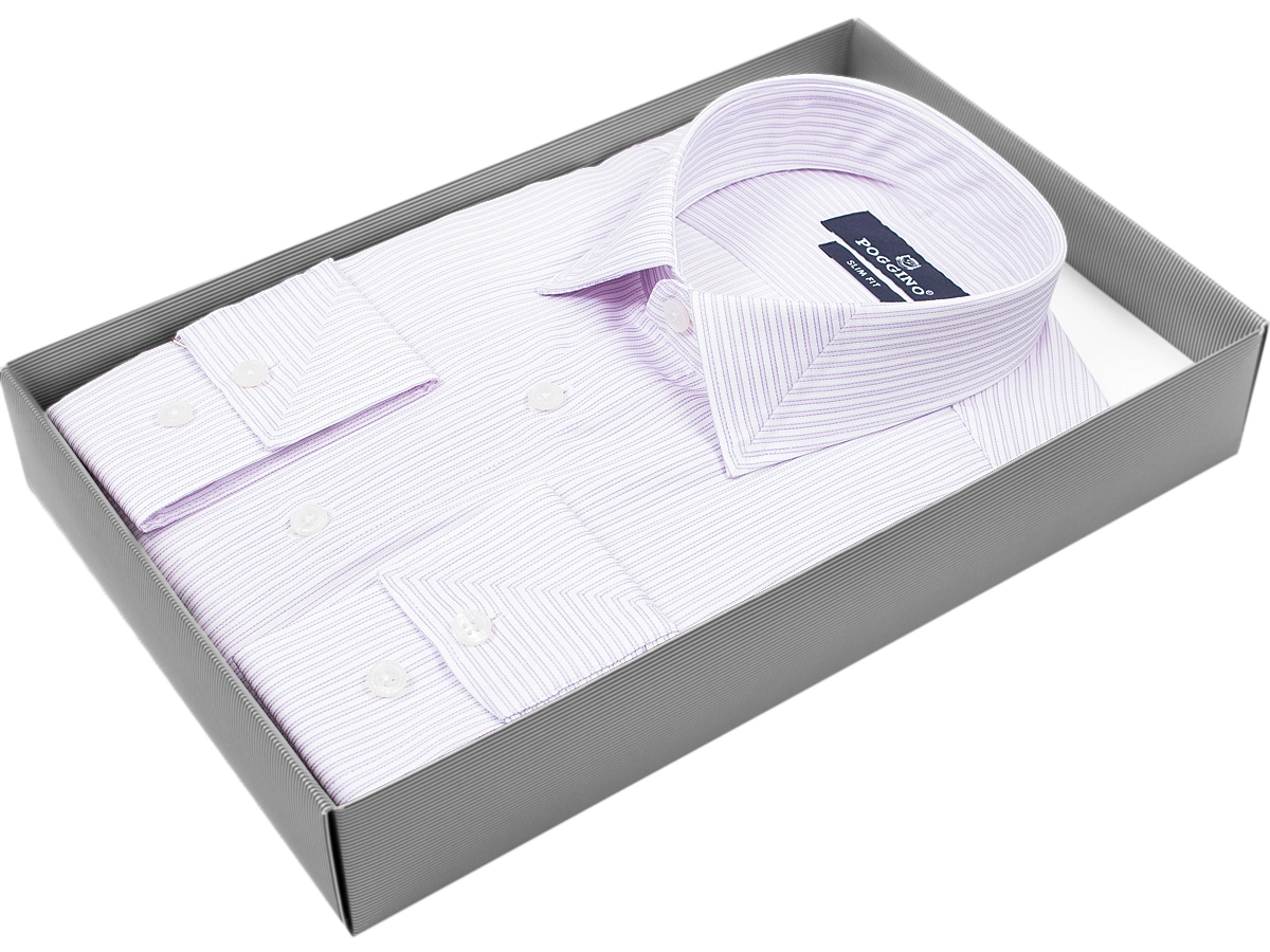 Приталенная мужская рубашка Poggino 5010-50 рукав длинный стиль классический цвет сиреневый в полоску 100% хлопок