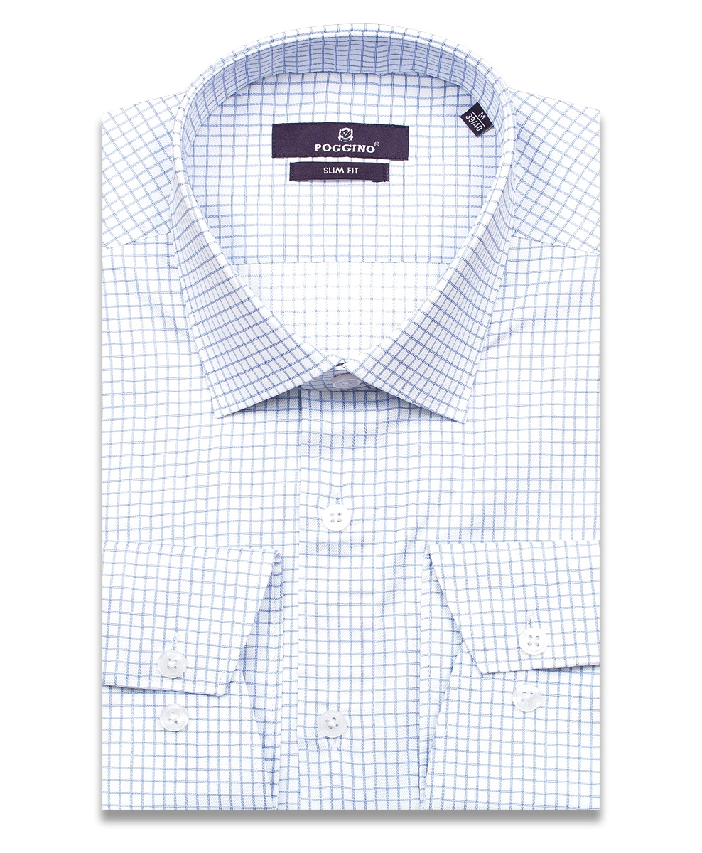 Голубая приталенная мужская рубашка Poggino 7015-31 в клетку с длинными рукавами
