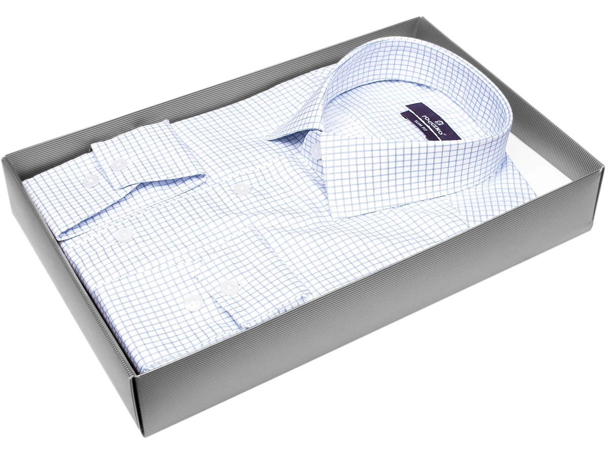 Голубая приталенная мужская рубашка Poggino 7015-31 в клетку с длинными рукавами купить в Москве недорого