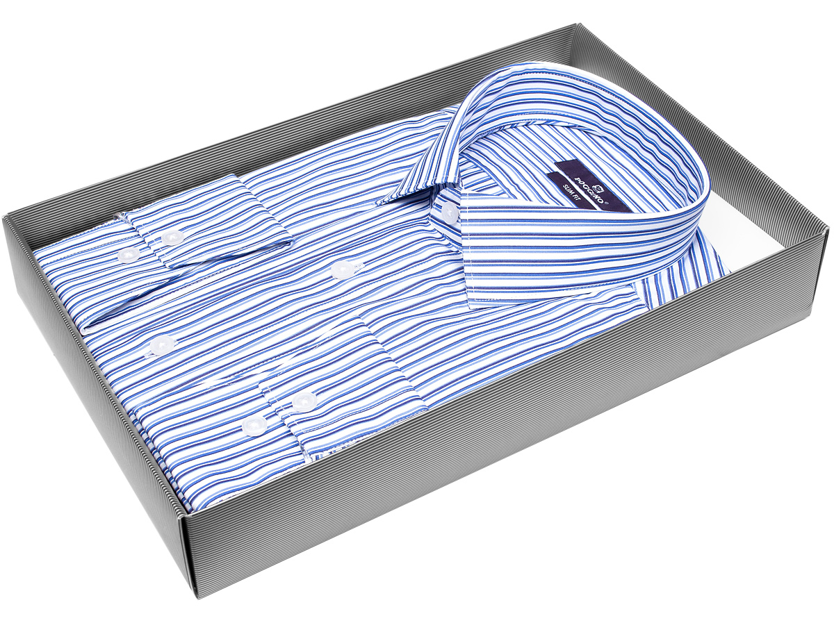 Модная мужская рубашка Poggino 7015-42 силуэт приталенный стиль классический цвет синий в полоску 100% хлопок