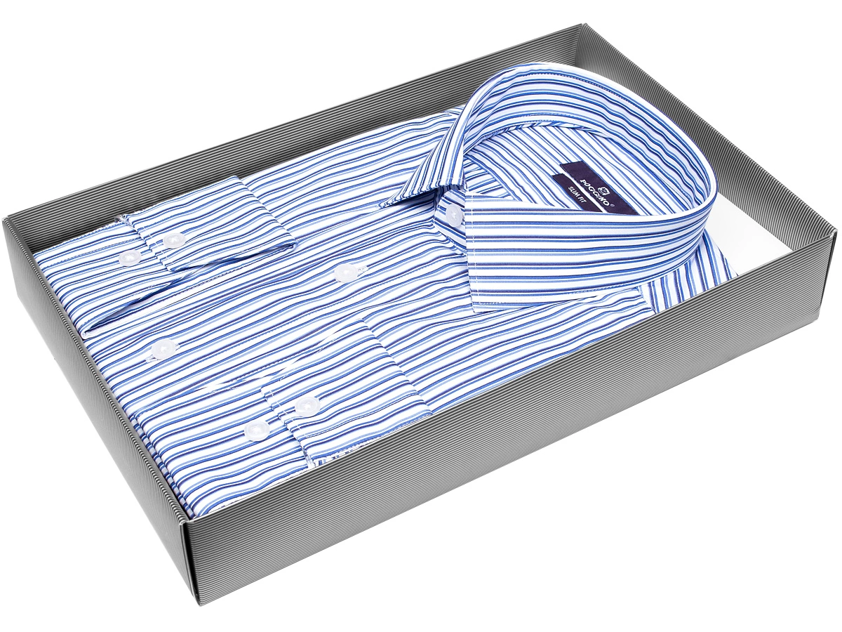 Синяя приталенная мужская рубашка Poggino 7015-42 в полоску с длинным рукавом