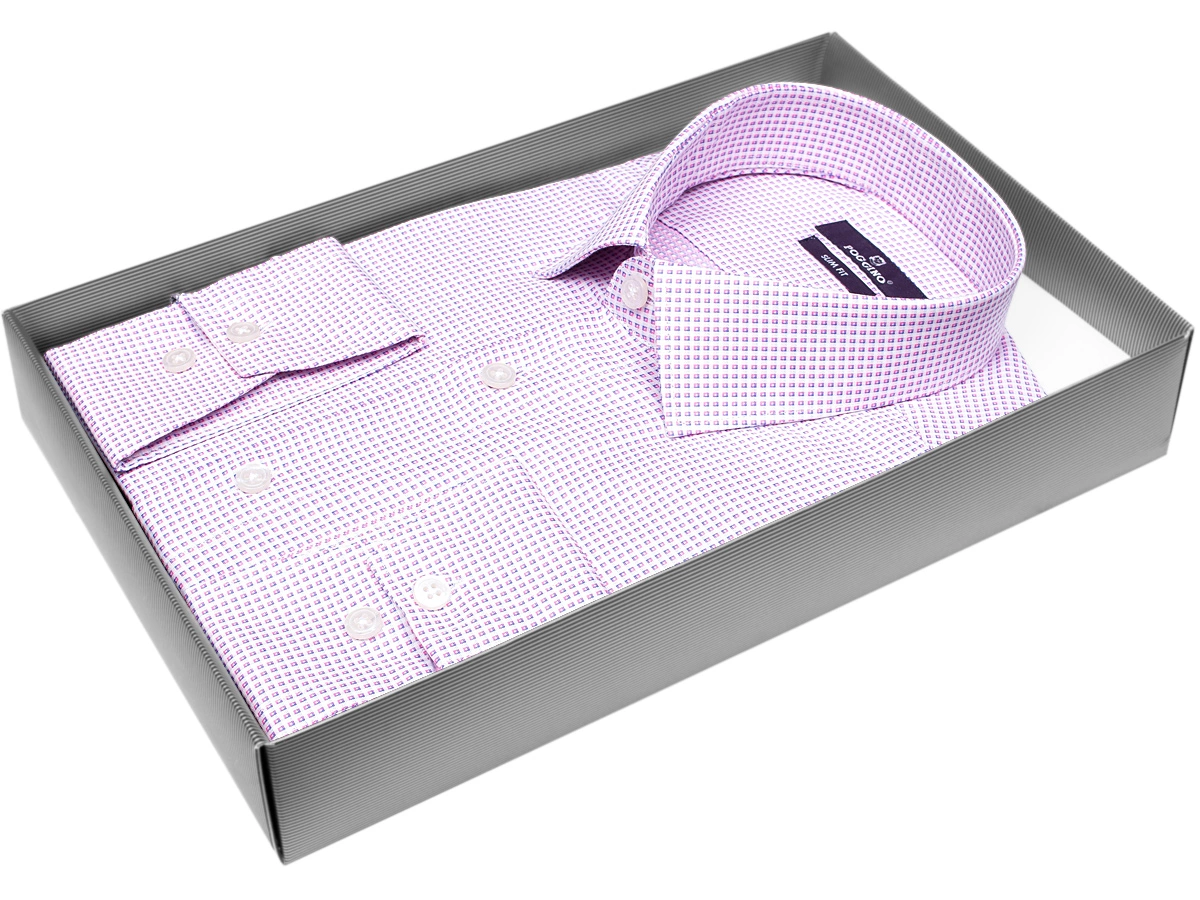 Модная молодежная рубашка Poggino 7014-34 рукав длинный силуэт приталенный стиль классический цвет сиреневый в клетку 100% хлопок