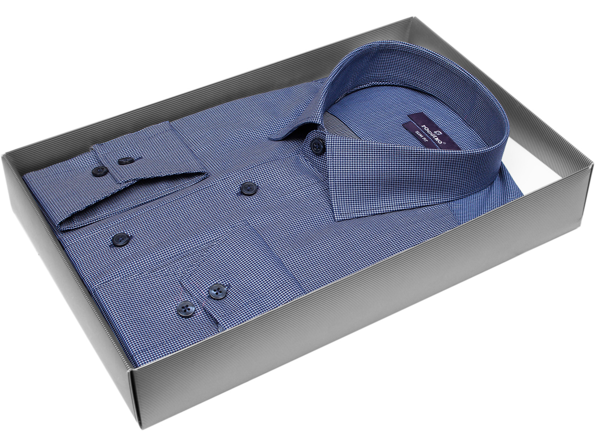 Синяя приталенная мужская рубашка Poggino 7014-32 в клетку с длинными рукавами купить в Москве недорого