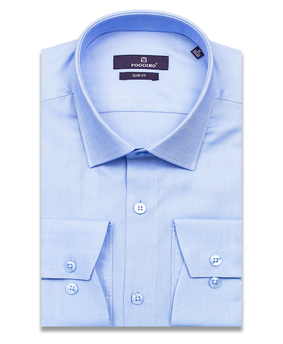 Голубая приталенная мужская рубашка Poggino 7015-16 с длинными рукавами