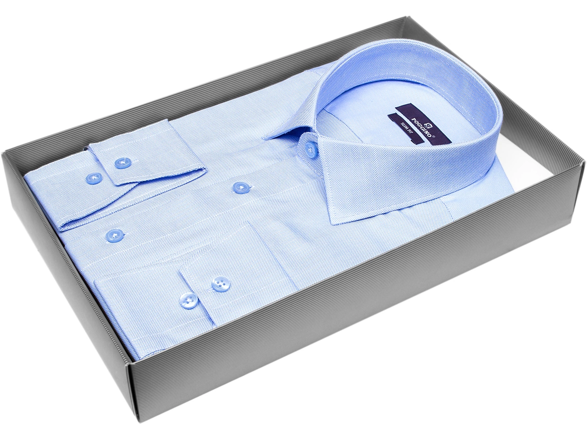 Модная молодежная рубашка Poggino 7015-16 рукав длинный силуэт приталенный стиль классический цвет голубой однотонный 100% хлопок