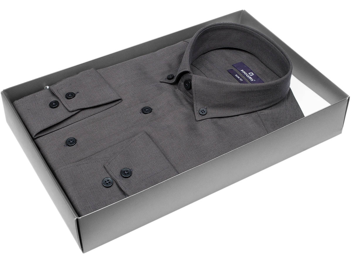 Приталенная мужская рубашка Poggino 7015-44 рукав длинный стиль классический цвет темно серый меланж 100% хлопок