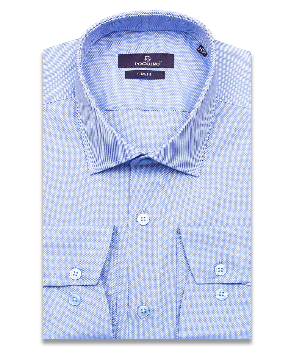 Голубая приталенная мужская рубашка Poggino 7015-21 с длинными рукавами