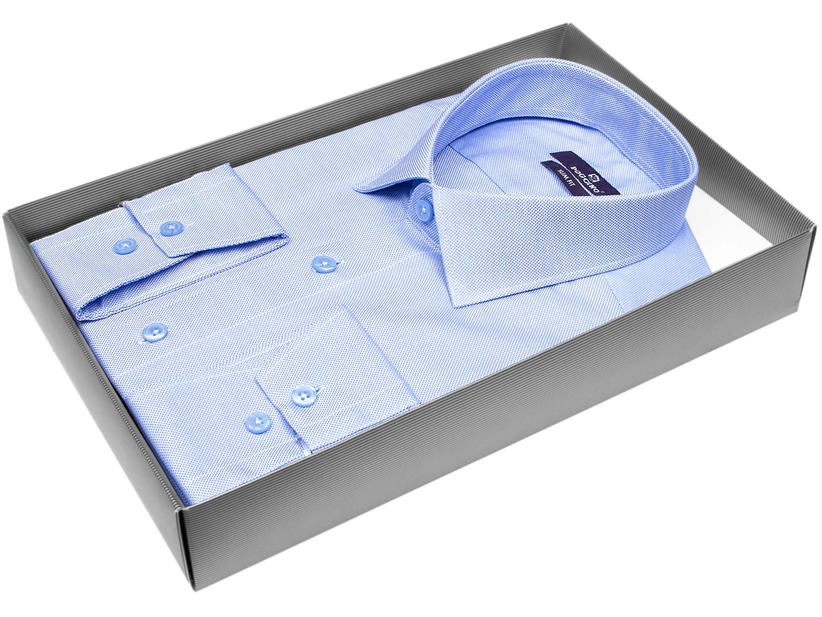Модная молодежная рубашка Poggino 7015-21 рукав длинный силуэт приталенный стиль классический цвет голубой однотонный 100% хлопок