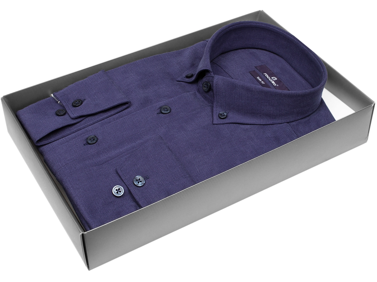 Темно-синяя приталенная мужская рубашка меланж Poggino 7015-46 с длинным рукавом купить в Москве недорого