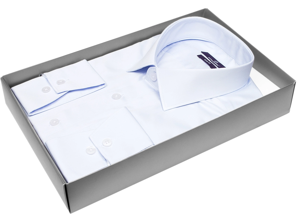 Голубая приталенная мужская рубашка Poggino 7015-41 с длинными рукавами купить в Москве недорого