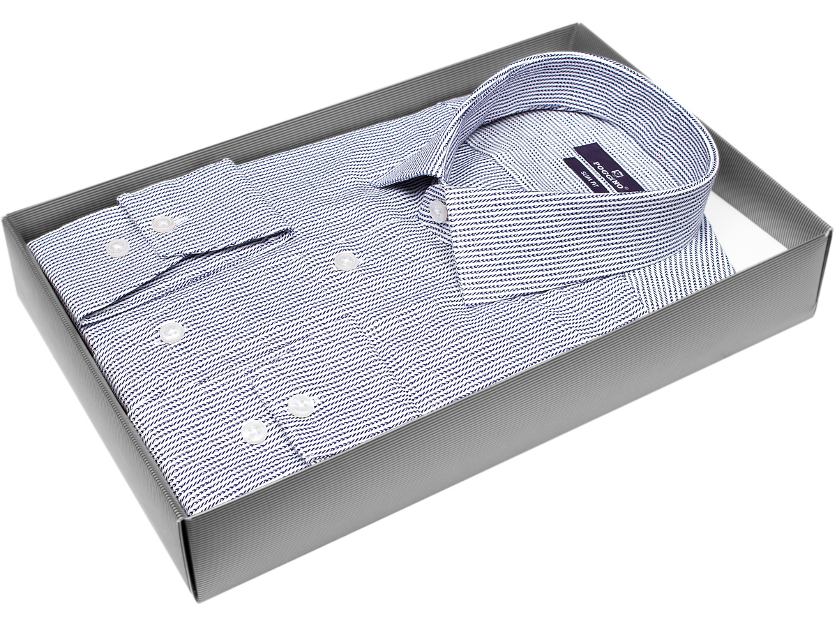 Модная мужская рубашка Poggino 7014-31 силуэт приталенный стиль классический цвет синий в полоску 100% хлопок